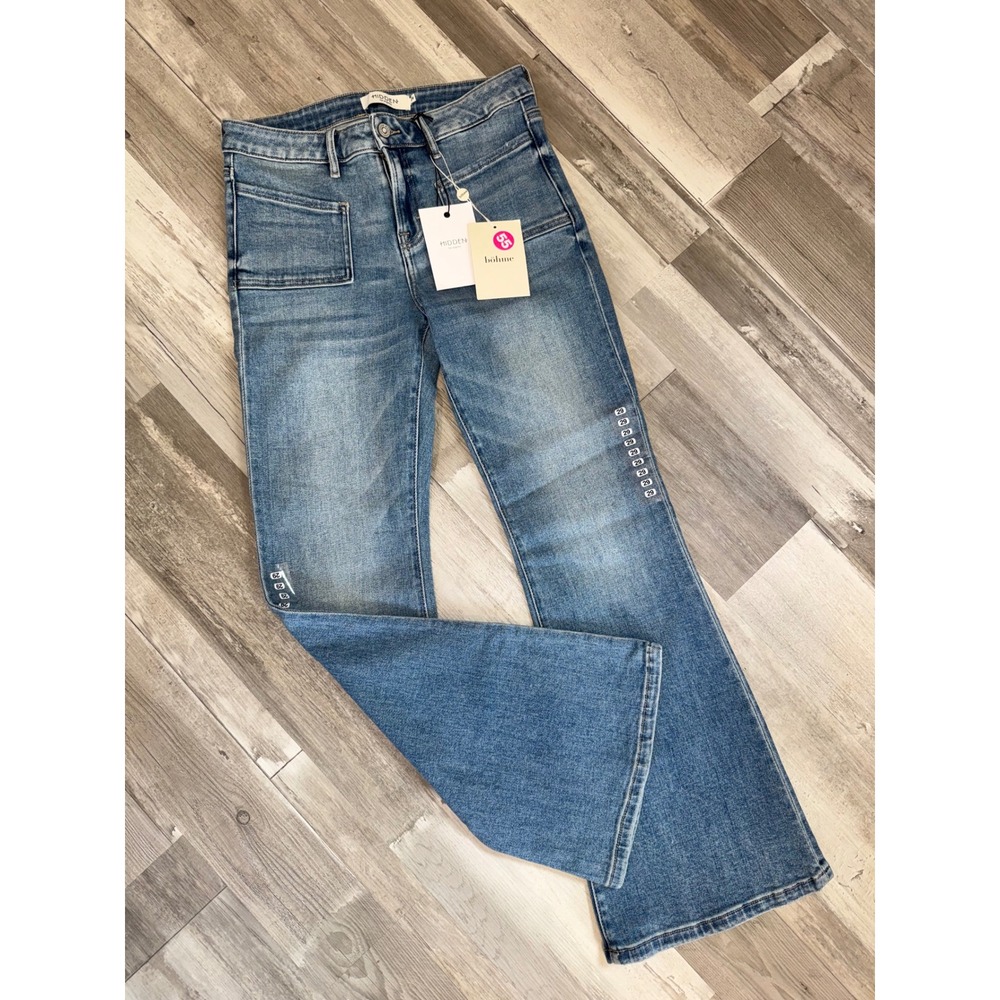 Hidden Jeans Happi Flare Jeans Women Blue High Rise Patch Pocket Size 29